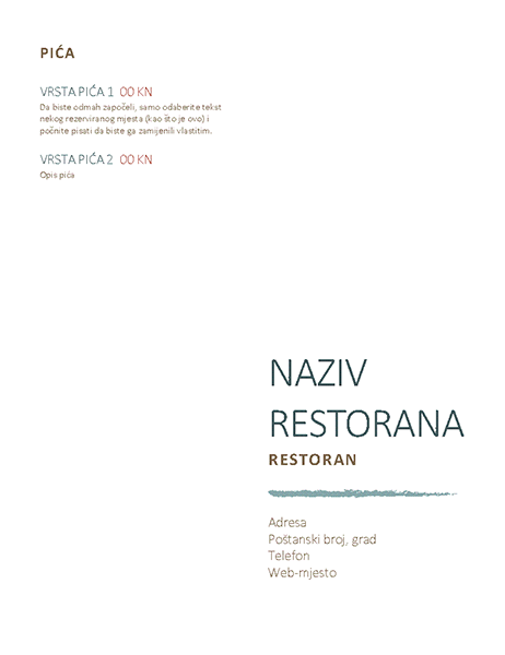 Jelovnik za restorane Jelovnik za restorane