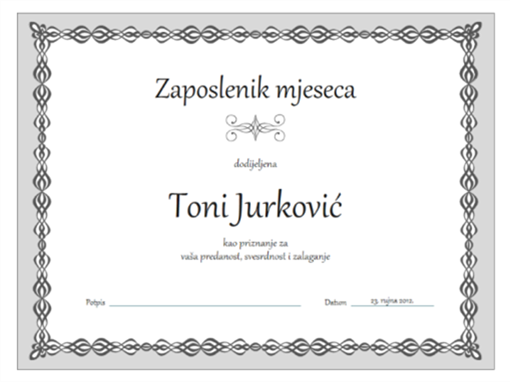Certifikat zaposlenika mjeseca (dizajn sa sivim lancem) Certifikat zaposlenika mjeseca (dizajn sa sivim lancem)