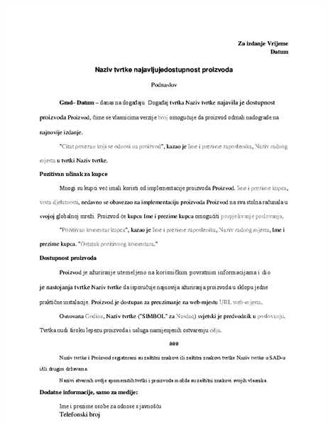 Priopćenje za medije s najavom proizvoda Priopćenje za medije s najavom proizvoda