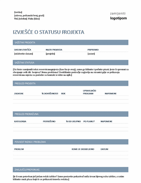 Izvješće o statusu projekta Izvješće o statusu projekta