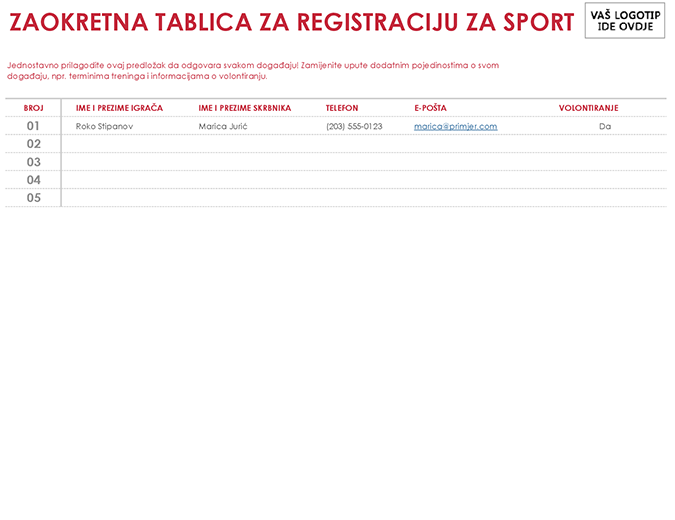 List za registraciju za sport List za registraciju za sport