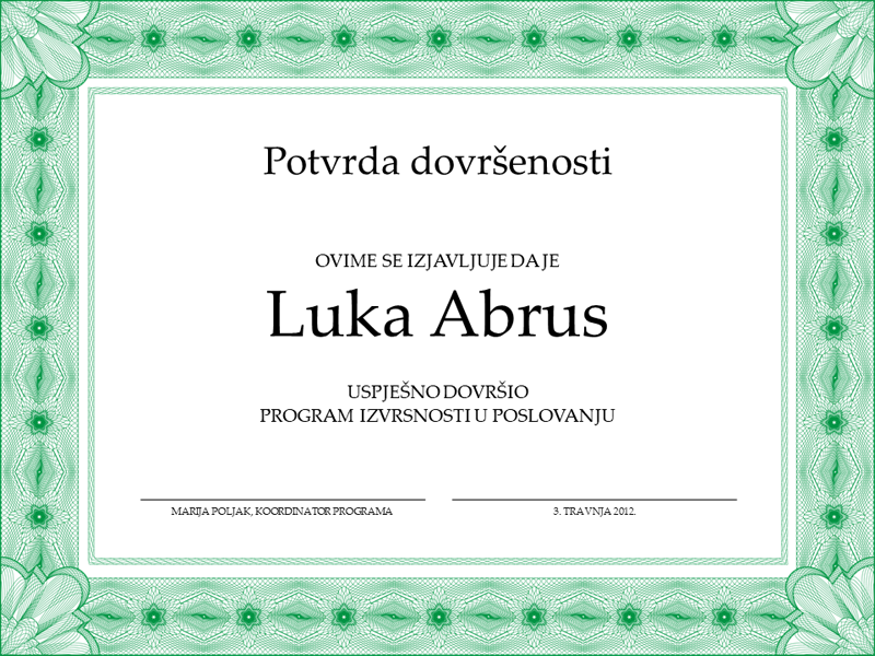 Potvrda o završetku (zelena)