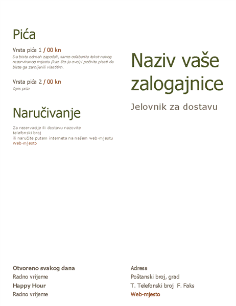 Jelovnik za dostavu Jelovnik za dostavu