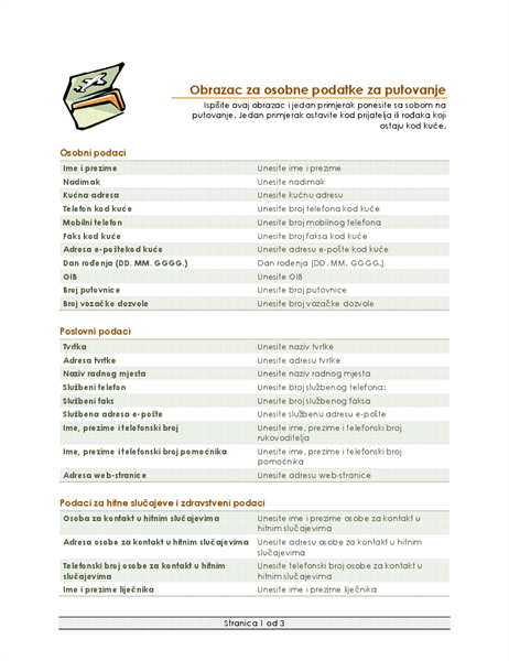 Obrazac za plan putovanja i osobne podatke Obrazac za plan putovanja i osobne podatke