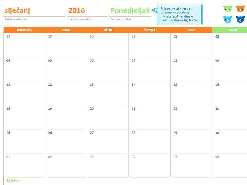 Mjesečni kalendar za bilo koju godinu (12 stranica, motiv šarenih medvjedića) Mjesečni kalendar za bilo koju godinu (12 stranica, motiv šarenih medvjedića)