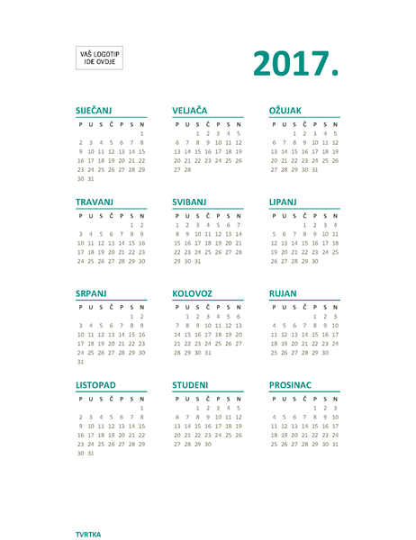 Kalendar s prikazom cijele 2017. godine na jednoj stranici (pon. do ned.) Kalendar s prikazom cijele 2017. godine na jednoj stranici (pon. do ned.)