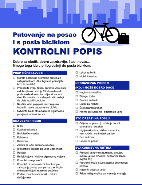 Kontrolni popis za putovanje na posao i s posla biciklom Kontrolni popis za putovanje na posao i s posla biciklom