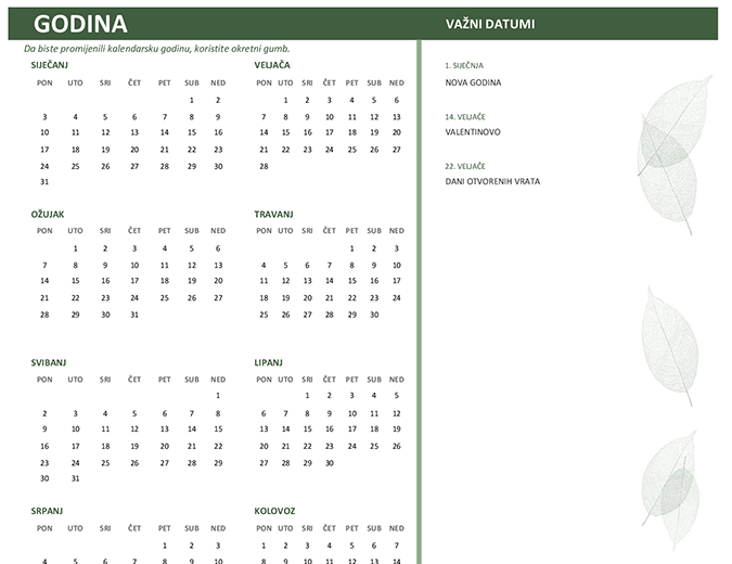 Poslovni kalendar (bilo koja godina, ned.-sub.) Poslovni kalendar (bilo koja godina, ned.-sub.)