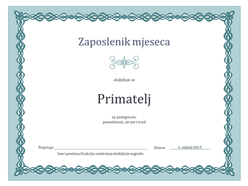 Certifikat za zaposlenika mjeseca (dizajn s plavim lancem) Certifikat za zaposlenika mjeseca (dizajn s plavim lancem)