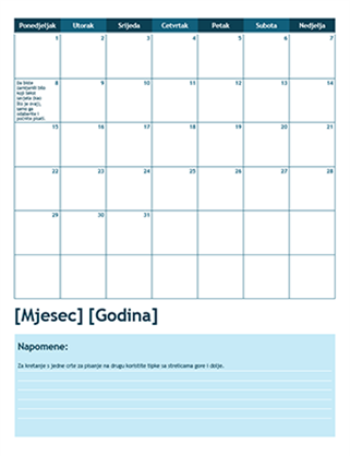 Akademski kalendar s jednim mjesecom (počinje u ponedjeljak)