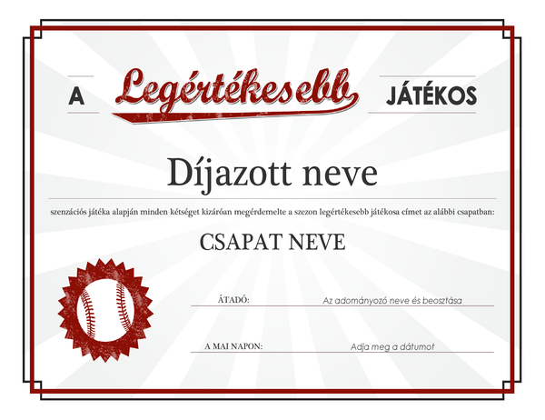 A legértékesebb játékos oklevél A legértékesebb játékos oklevél