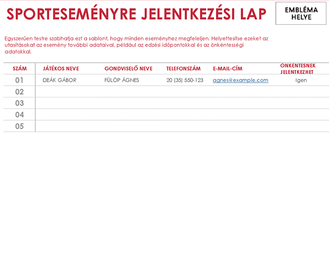 Sporteseményre jelentkezési lap Sporteseményre jelentkezési lap