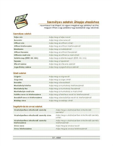 Útiterv és személyes adatok űrlapja Útiterv és személyes adatok űrlapja