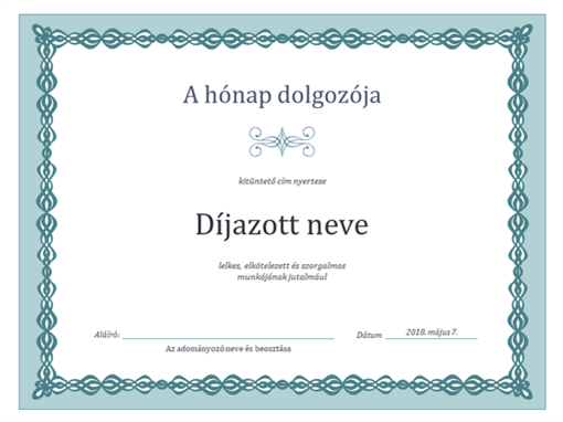 A Hónap dolgozója oklevél (láncszerű kék kerettel) A Hónap dolgozója oklevél (láncszerű kék kerettel)