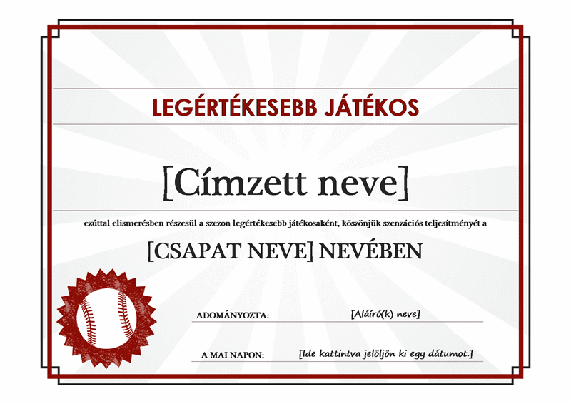 Oklevél a legértékesebb játékosnak Oklevél a legértékesebb játékosnak