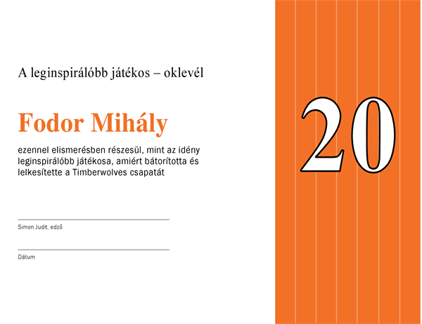 A leginspirálóbb játékosnak oklevél (szerkeszthető címmel)