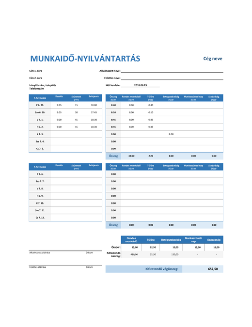 Heti munkaidő-nyilvántartás Heti munkaidő-nyilvántartás
