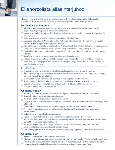Ellenőrzőlista állásinterjúhoz Ellenőrzőlista állásinterjúhoz