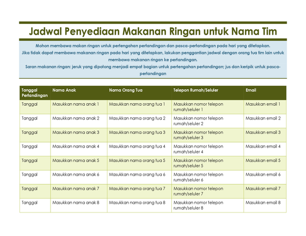 Lembar pendaftaran penyediaan makanan ringan untuk pertandingan anak-anak Lembar pendaftaran penyediaan makanan ringan untuk pertandingan anak-anak