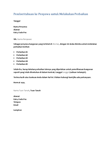 Pemberitahuan kepada penyewa untuk melakukan perbaikan (surat formulir) Pemberitahuan kepada penyewa untuk melakukan perbaikan (surat formulir)