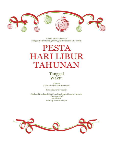 Selebaran pesta natal dengan hiasan dan pita berwarna merah (Desain formal) Selebaran pesta natal dengan hiasan dan pita berwarna merah (Desain formal)