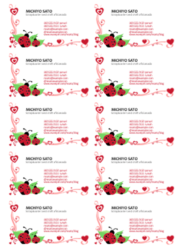 Kartu Nama (ladybugs dan hati, rata kiri, 10 per halaman)