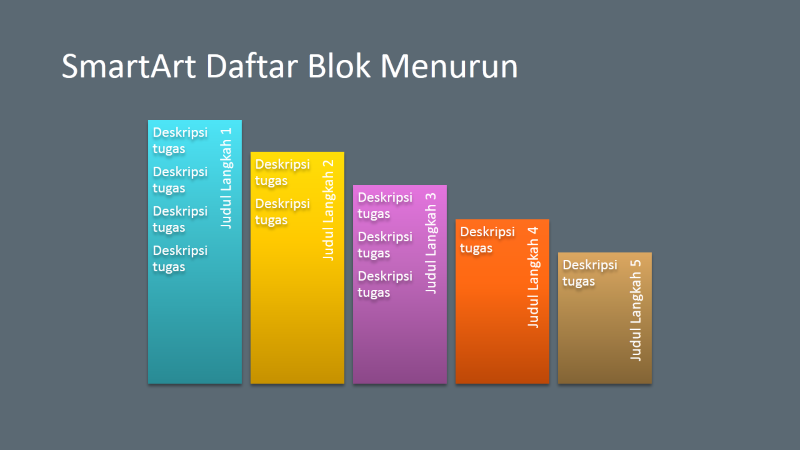 Slide SmartArt Daftar Blok Menurun (multiwarna dengan latar abu-abu), layar lebar Slide SmartArt Daftar Blok Menurun (multiwarna dengan latar abu-abu), layar lebar
