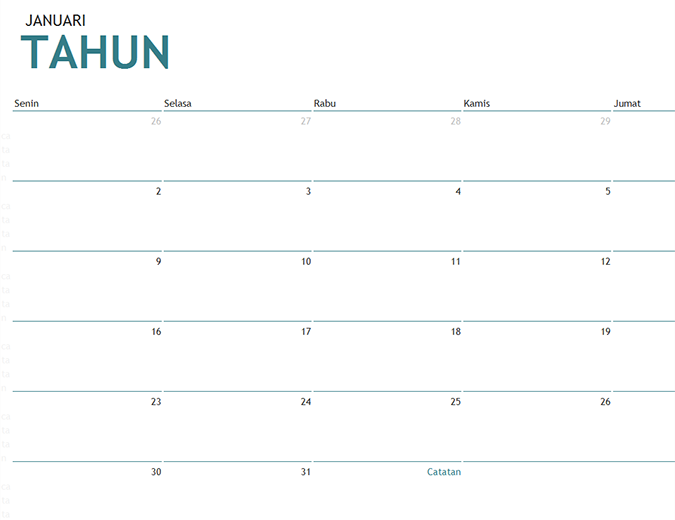 Kalender satu bulan untuk tahun apa pun dengan catatan Kalender satu bulan untuk tahun apa pun dengan catatan