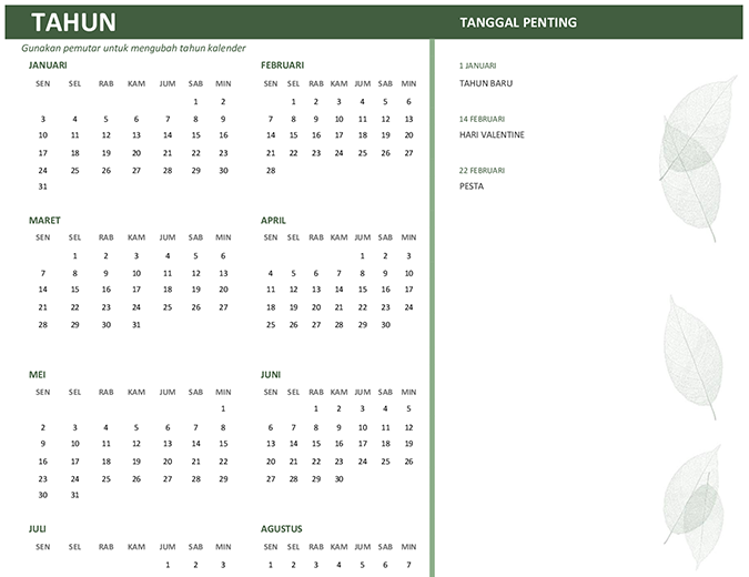 Kalender bisnis (tahun berapa pun, Min-Sab) Kalender bisnis (tahun berapa pun, Min-Sab)