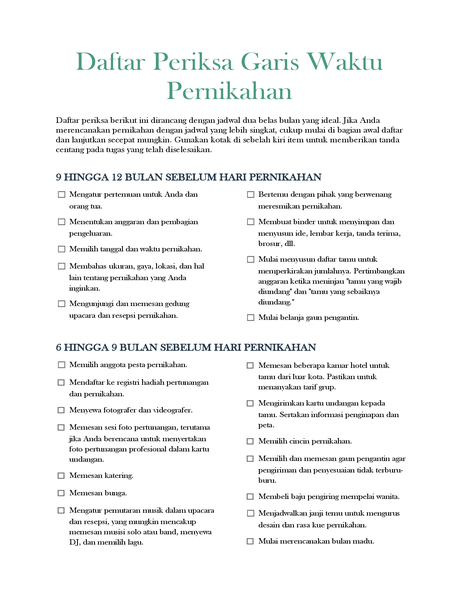 Daftar periksa garis waktu pernikahan Daftar periksa garis waktu pernikahan