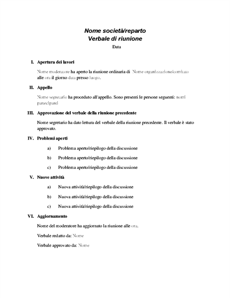 Verbale di riunione formale Verbale di riunione formale