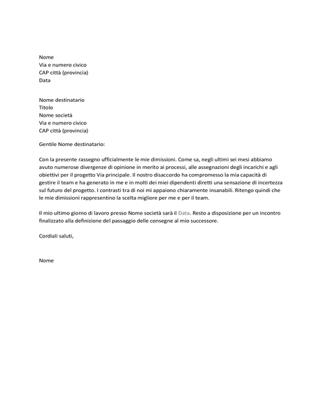 Lettera di dimissioni per conflitti con il capo Lettera di dimissioni per conflitti con il capo