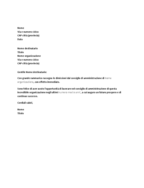Lettera di dimissioni dal consiglio Lettera di dimissioni dal consiglio