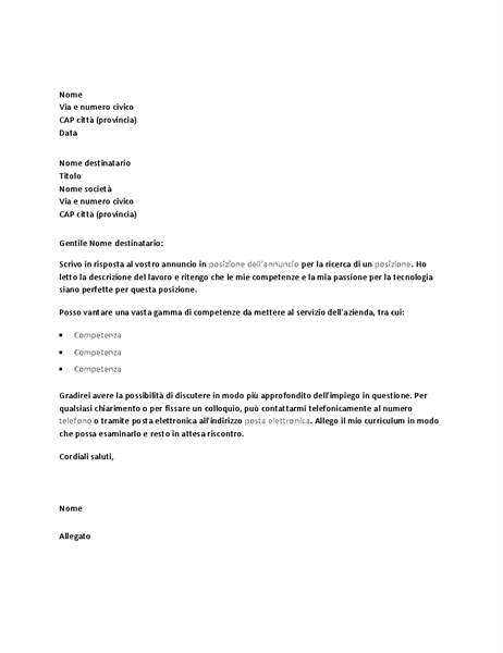 Esempio di lettera di presentazione in risposta a un annuncio per una posizione tecnica Esempio di lettera di presentazione in risposta a un annuncio per una posizione tecnica