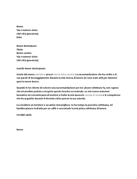 Lettera di ringraziamento per le referenze positive dell'ex capo Lettera di ringraziamento per le referenze positive dell'ex capo