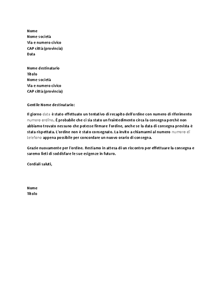 Lettera di notifica di mancata consegna Lettera di notifica di mancata consegna