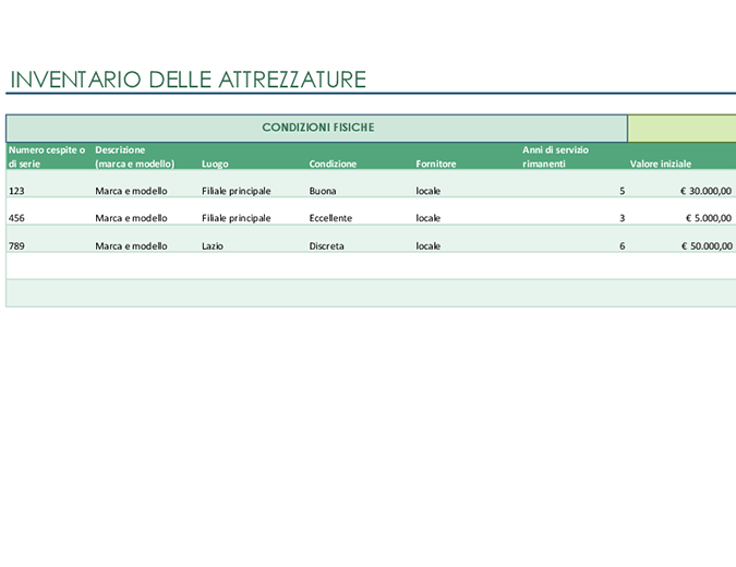 Inventario delle attrezzature Inventario delle attrezzature