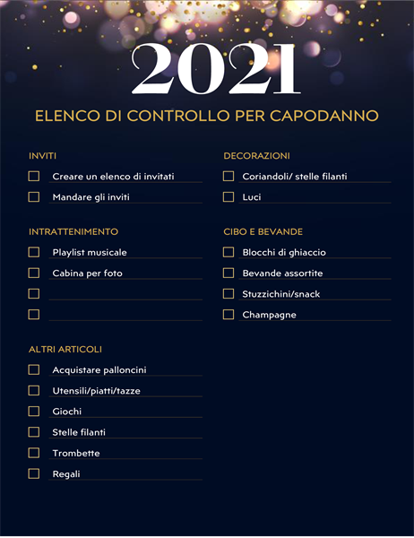 Lista di controllo per la festa dell'ultimo dell'anno Lista di controllo per la festa dell'ultimo dell'anno
