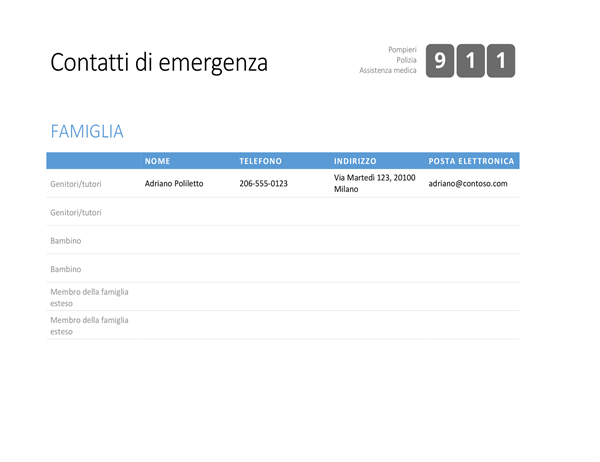 Elenco dei contatti di emergenza in grassetto Elenco dei contatti di emergenza in grassetto