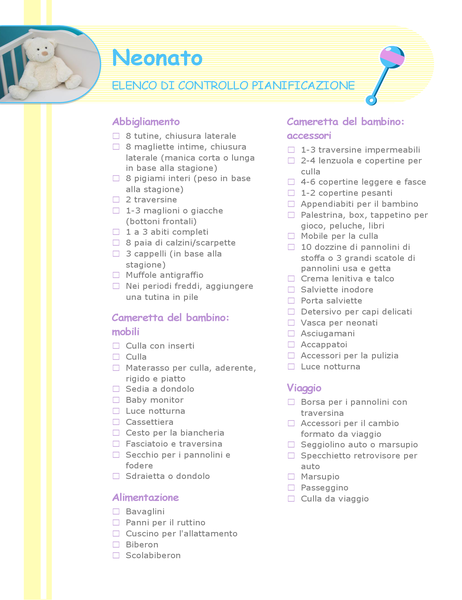 Elenco di controllo pianificazione neonato Elenco di controllo pianificazione neonato