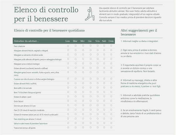 Elenco di controllo per il benessere Elenco di controllo per il benessere