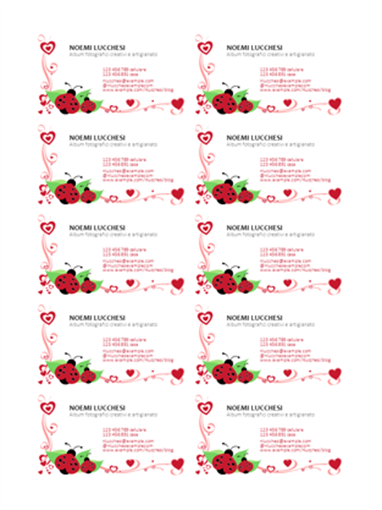 Biglietti da visita (coccinelle e cuori, allineato a sinistra, 10 per pagina) Biglietti da visita (coccinelle e cuori, allineato a sinistra, 10 per pagina)