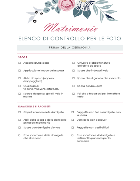 Elenco di controllo foto di matrimonio Elenco di controllo foto di matrimonio