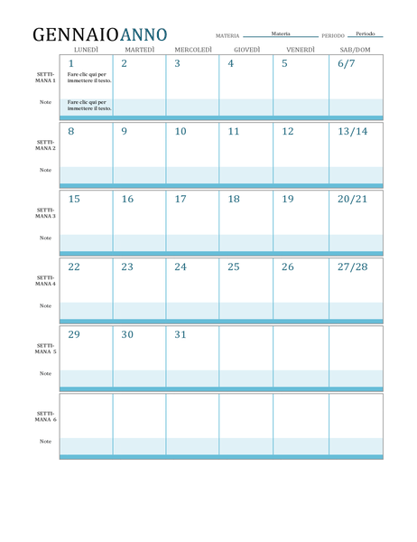 Calendario del piano delle lezioni Calendario del piano delle lezioni