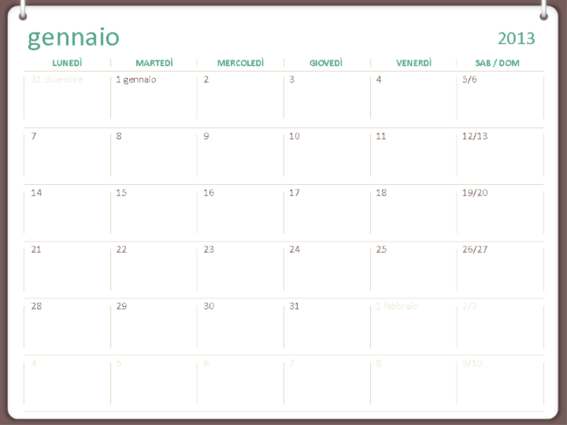 Calendario 2013 a 2 anelli (lun-dom) Calendario 2013 a 2 anelli (lun-dom)