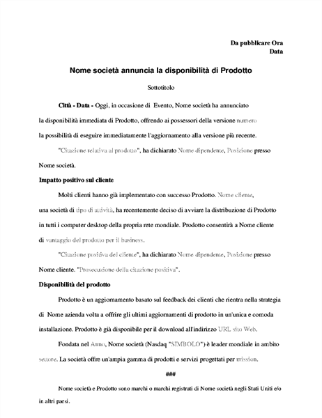 Comunicato stampa per l'annuncio di un prodotto Comunicato stampa per l'annuncio di un prodotto