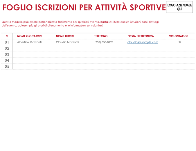 Foglio iscrizioni per attività sportive Foglio iscrizioni per attività sportive