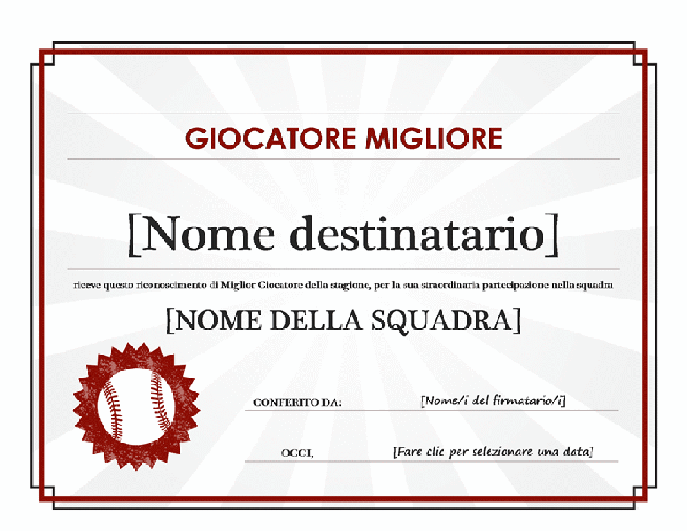 Attestato miglior giocatore Attestato miglior giocatore