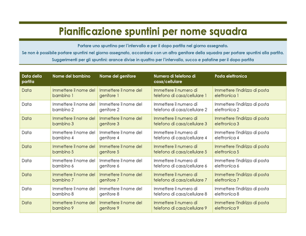Foglio di registrazione degli spuntini degli sport giovanili Foglio di registrazione degli spuntini degli sport giovanili