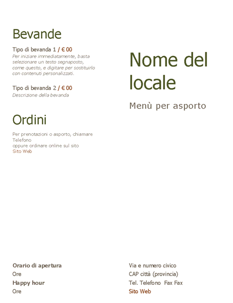 Menù per asporto Menù per asporto